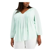 Womens Green Tie Pintucked Front Lined Long Sleeve Split Top Plus 2X